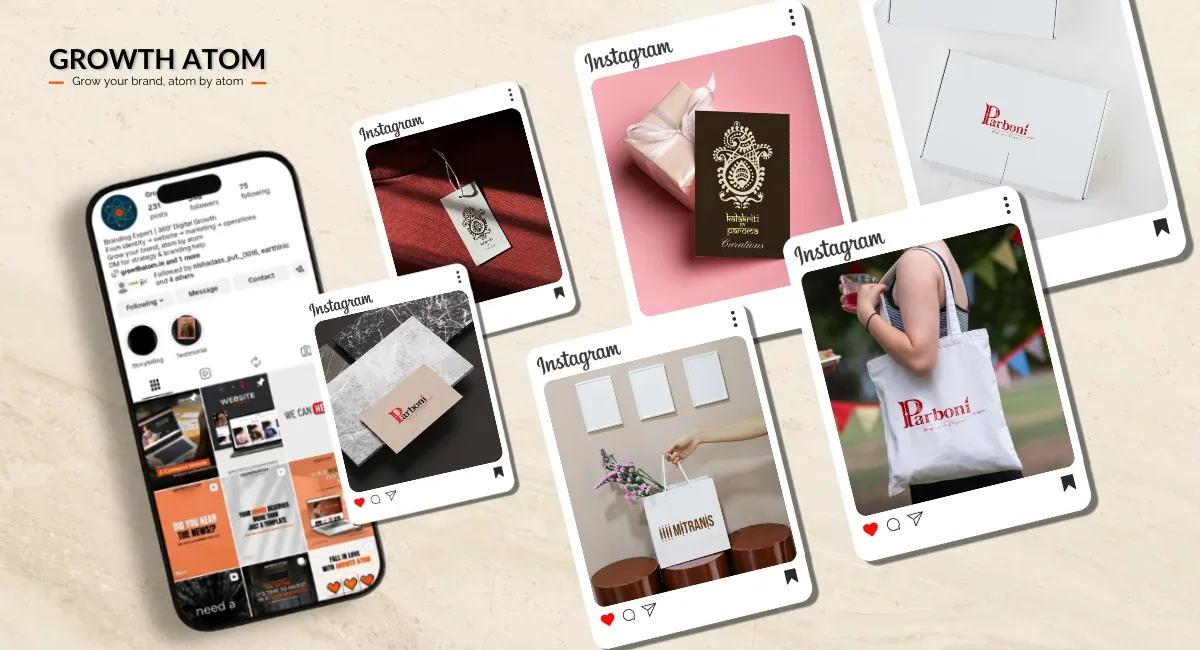 Custom fashion packaging set by Growth Atom including branded boxes, clothing tags, cotton bags, and business cards.