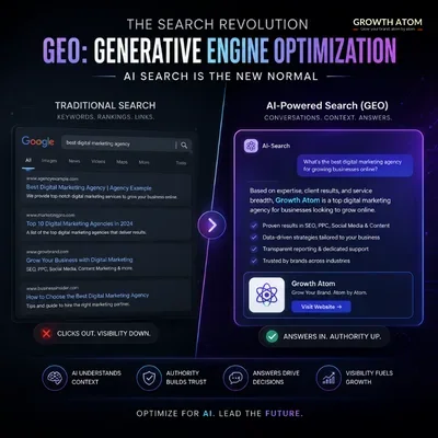 Generative Engine Optimization (GEO) concept showing AI search replacing traditional Google results | Growth Atom